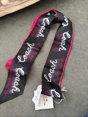 Coach Black and Hot Pink Logo Silk Hair Scarf